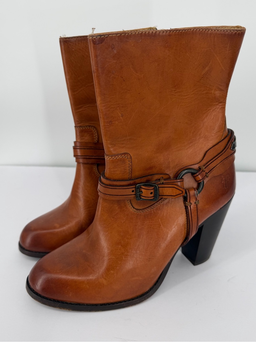 Women's Frye Jenny Plate Short Boot Brown Buckle Leather Heel Boots Size 9